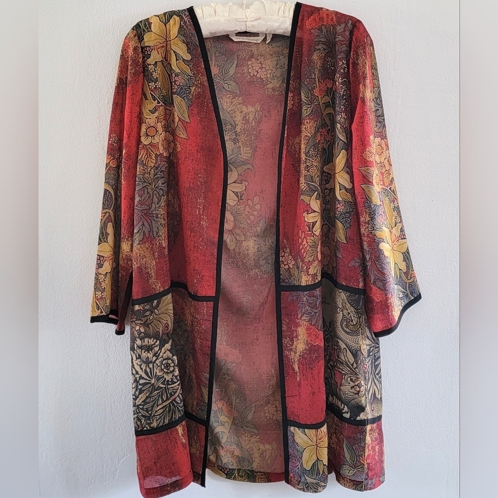 L Forest Fairy Soft Surroundings Boho Floral Hippie Gypsy Sheer Long Cardigan